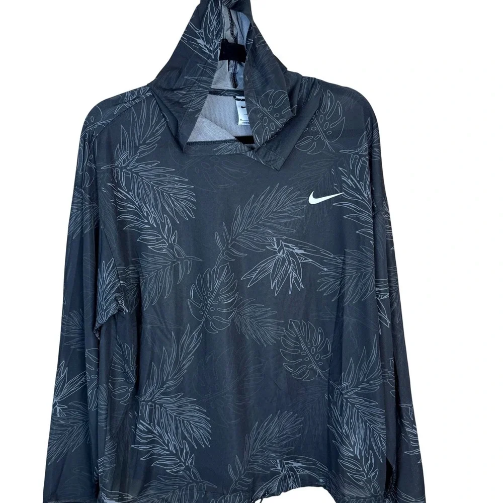 Nike Womens Dri-FIT Tropical Palm‎ Print Hoodie Black Mesh Adjustable Hem Medium